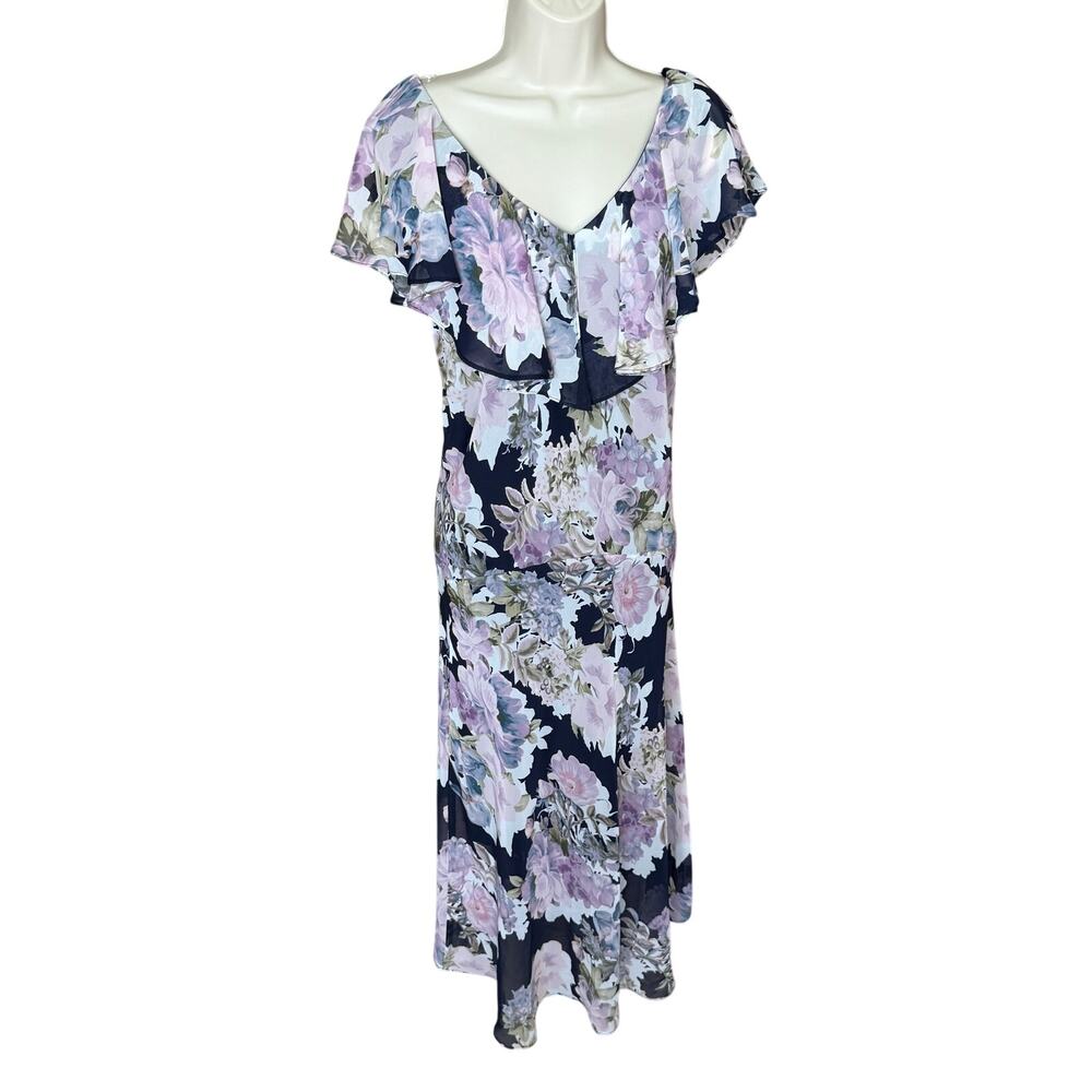 Connected Navy Purple Floral Chiffon Ruffle Dress 24W NWT